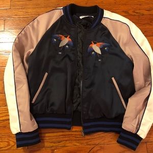 Navy crane print bomber jacket